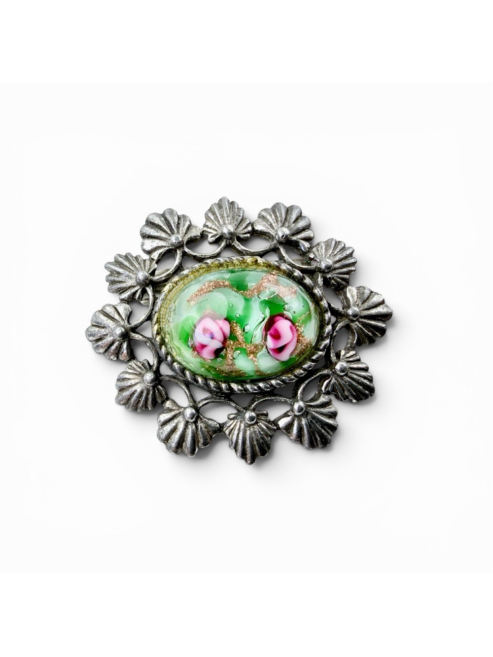 Vintage Czech Glass Brooch Pink Rose Cabochon Green Art Glass Scallop Shell